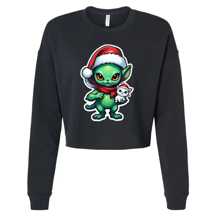 Cute Alien Santa Claus Cat Cropped Pullover Crew