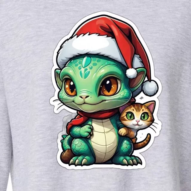 Cute Alien Santa Claus Cat Cropped Pullover Crew