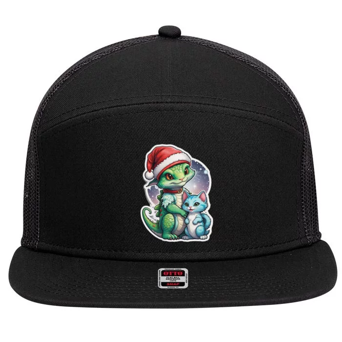 Cute Alien Santa Claus Cat 7 Panel Mesh Trucker Snapback Hat