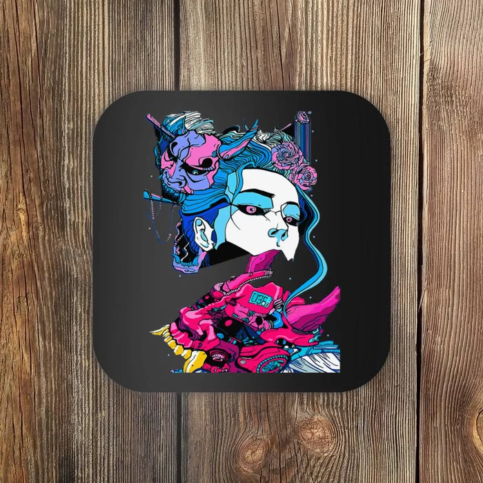 Cyberpunk Aesthetic Samurai Demons Mask Japanese Coaster