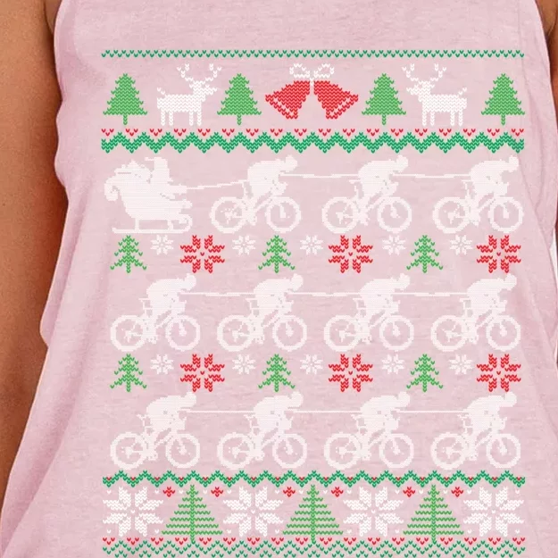 Cyclists And Santa Sleigh Bike Bicycle Cycling Ugly Christmas Gift Women's Knotted Racerback Tank