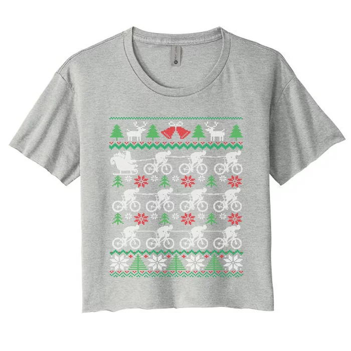 Cyclists And Santa Sleigh Bike Bicycle Cycling Ugly Christmas Gift Women's Crop Top Tee