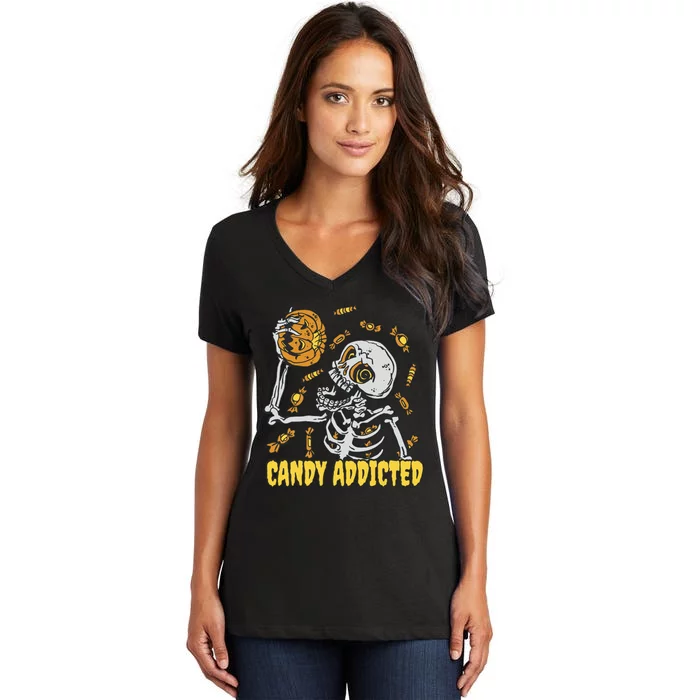 Candy Addicted Skeleton Halloween Women's V-Neck T-Shirt