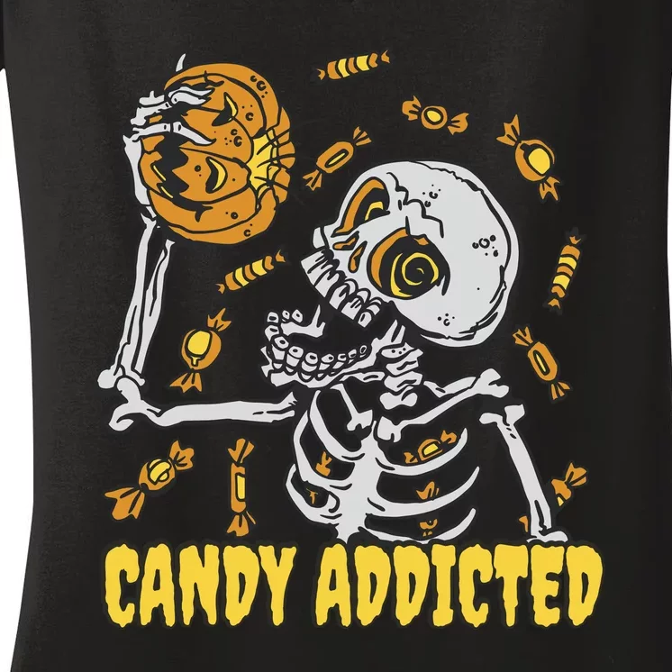 Candy Addicted Skeleton Halloween Women's V-Neck T-Shirt