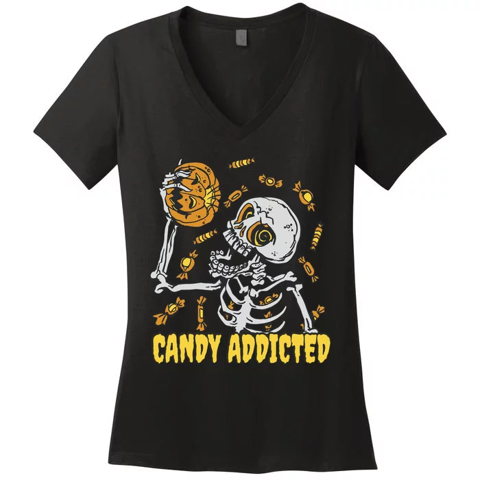 Candy Addicted Skeleton Halloween Women's V-Neck T-Shirt