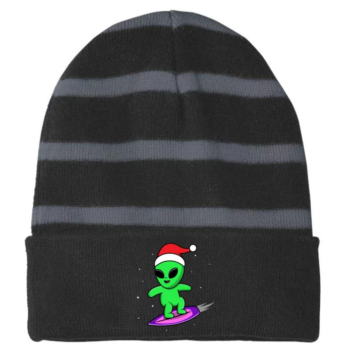 Cute Alien Santa Claus Surfing Striped Beanie with Solid Band