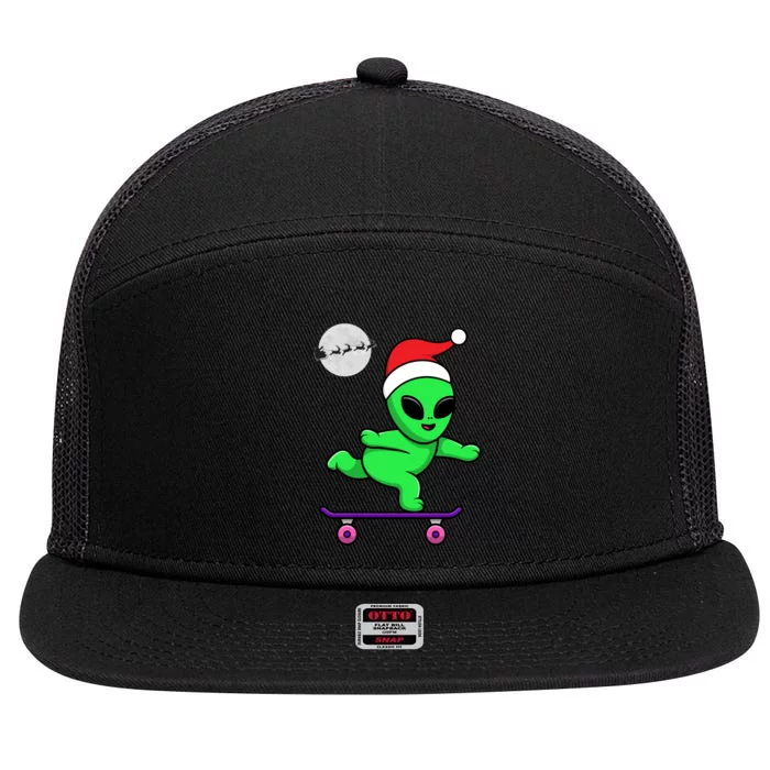 Cute Alien Santa Claus Skateboarding 7 Panel Mesh Trucker Snapback Hat