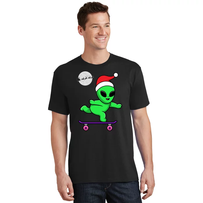 Cute Alien Santa Claus Skateboarding T-Shirt