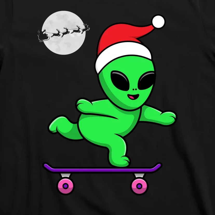 Cute Alien Santa Claus Skateboarding T-Shirt