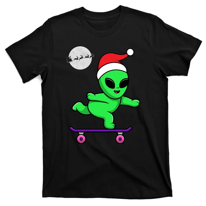 Cute Alien Santa Claus Skateboarding T-Shirt