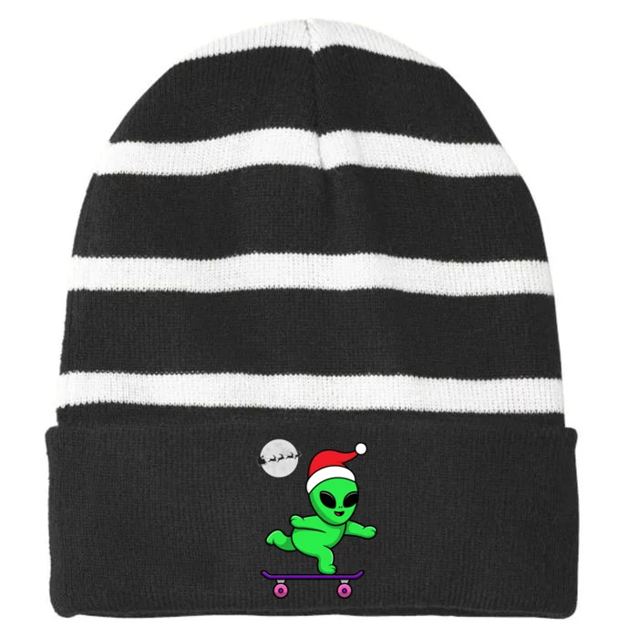 Cute Alien Santa Claus Skateboarding Striped Beanie with Solid Band