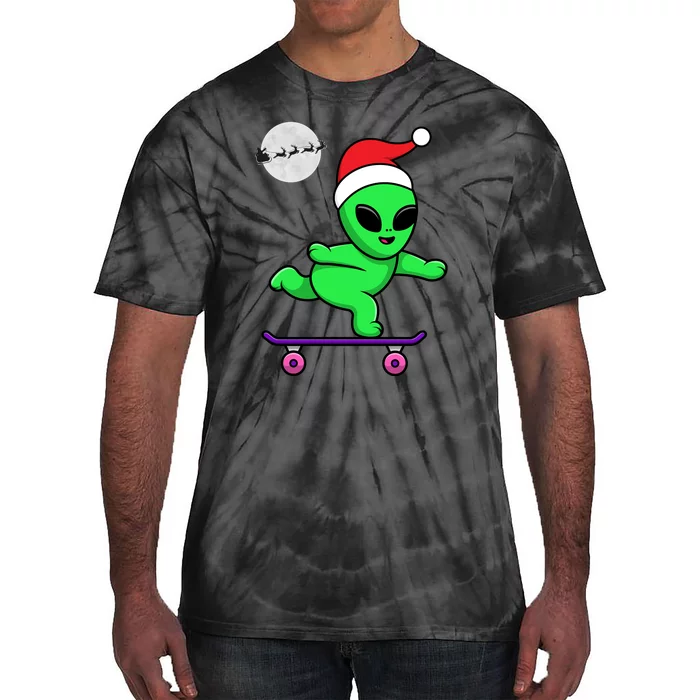 Cute Alien Santa Claus Skateboarding Tie-Dye T-Shirt