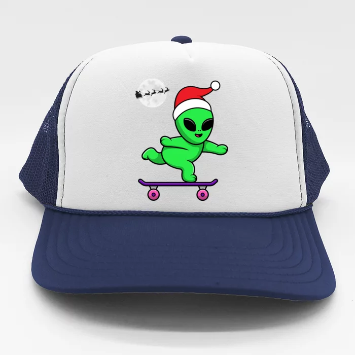 Cute Alien Santa Claus Skateboarding Trucker Hat