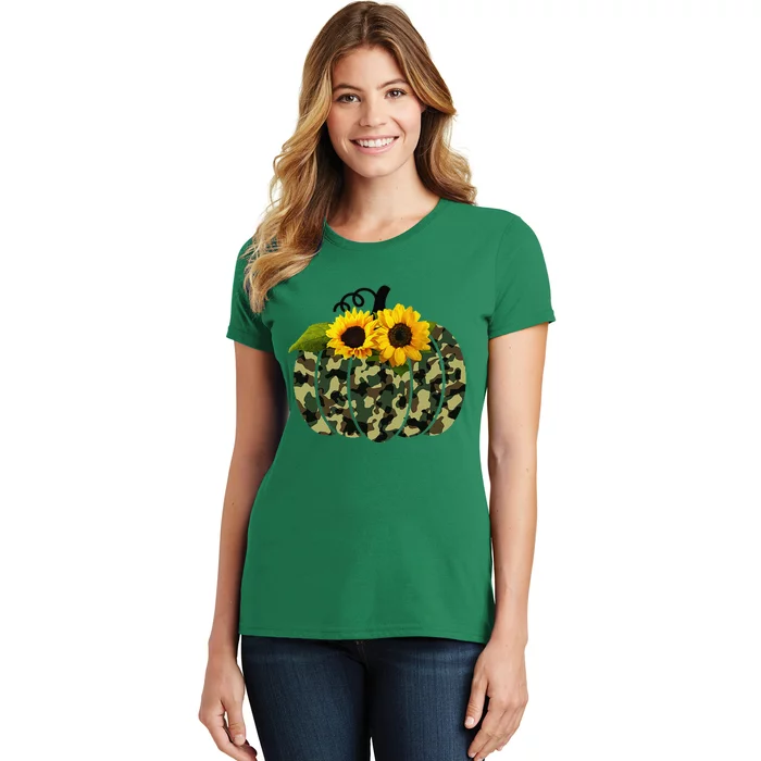 Camouflage And Sunflower Pumpkin Fall Autumn Thanksgiving Women's T-Shirt