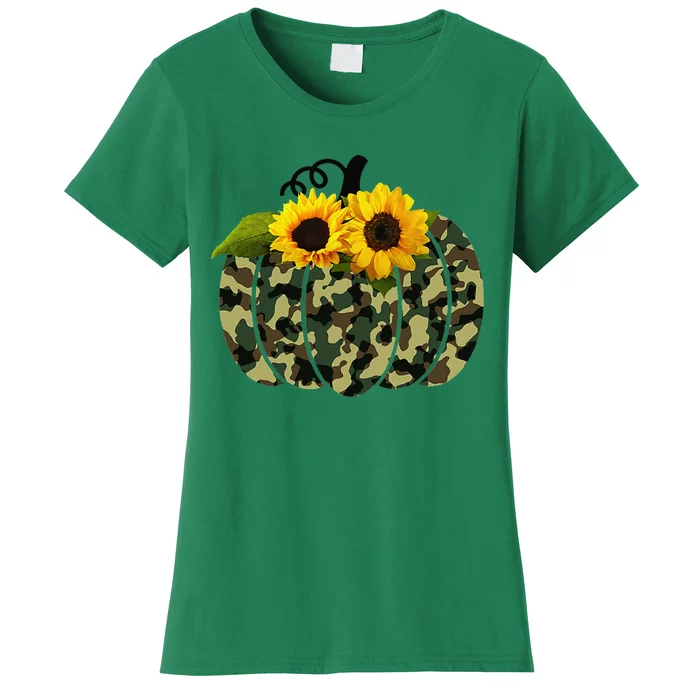 Camouflage And Sunflower Pumpkin Fall Autumn Thanksgiving Women's T-Shirt