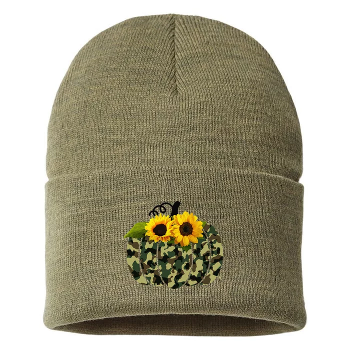 Camouflage And Sunflower Pumpkin Fall Autumn Thanksgiving Sustainable Knit Beanie