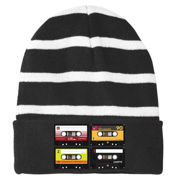 Cassette Tapes Music Mixtape Vintage Retro 80s Tech Striped Beanie with Solid Band