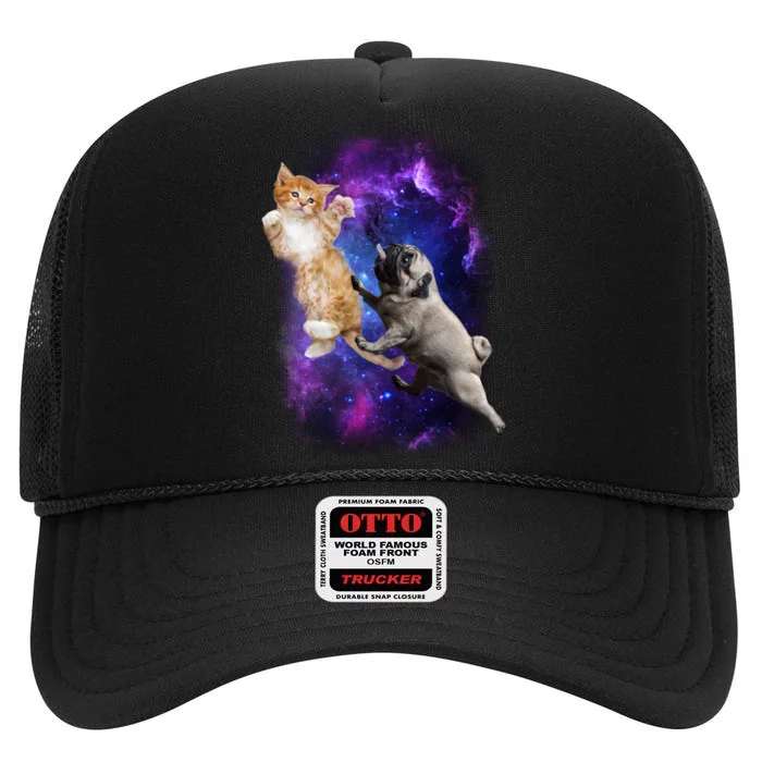 Cat And Pug In Space High Crown Mesh Trucker Hat