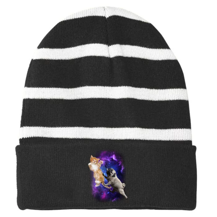 Cat And Pug In Space Striped Beanie with Solid Band