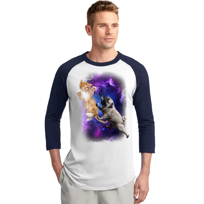 Cat And Pug In Space Baseball Sleeve Shirt