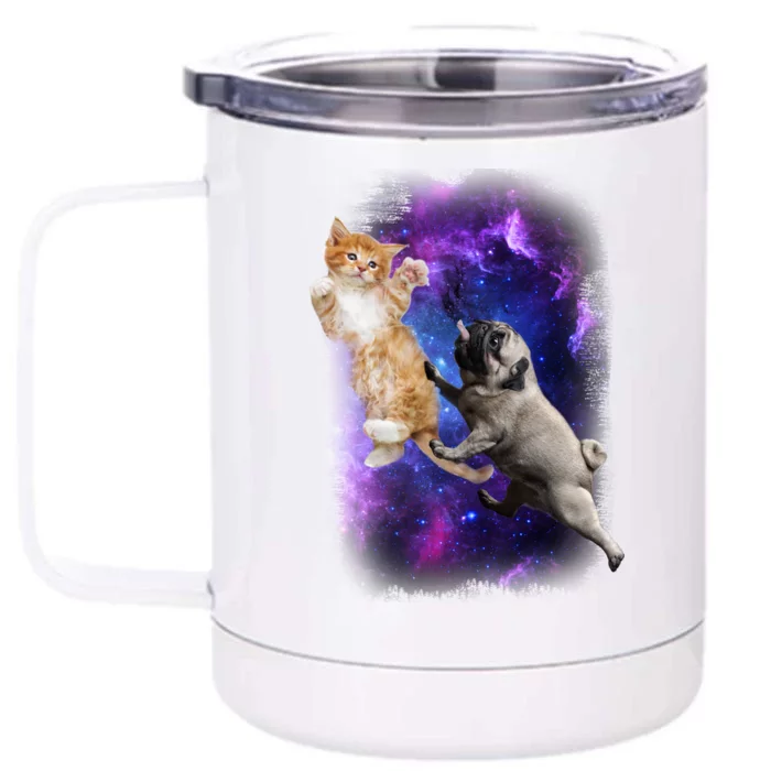 Cat And Pug In Space Front & Back 12oz Stainless Steel Tumbler Cup