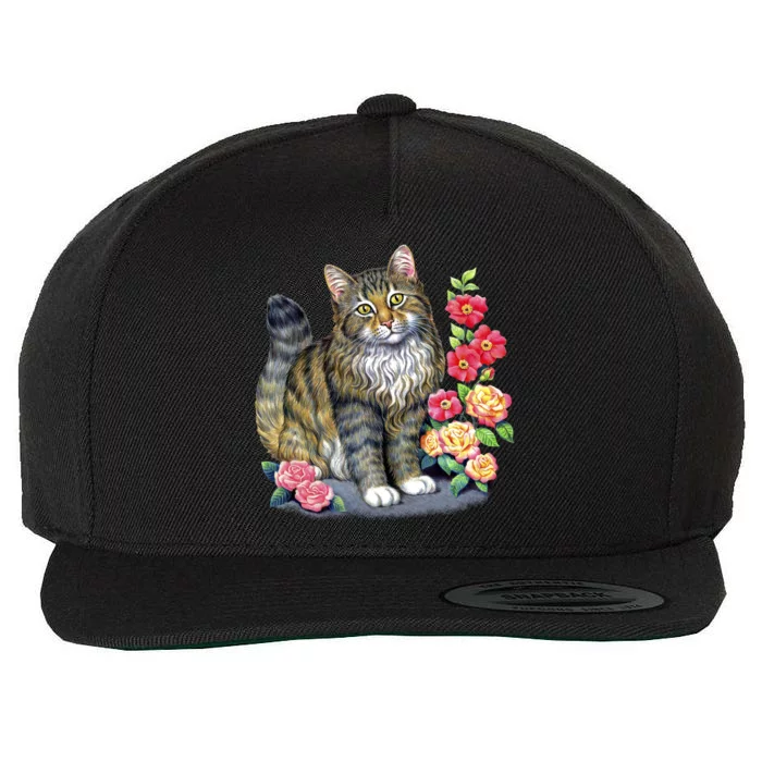 Cat and Roses Wool Snapback Cap