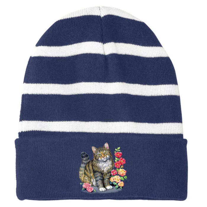 Cat and Roses Striped Beanie with Solid Band