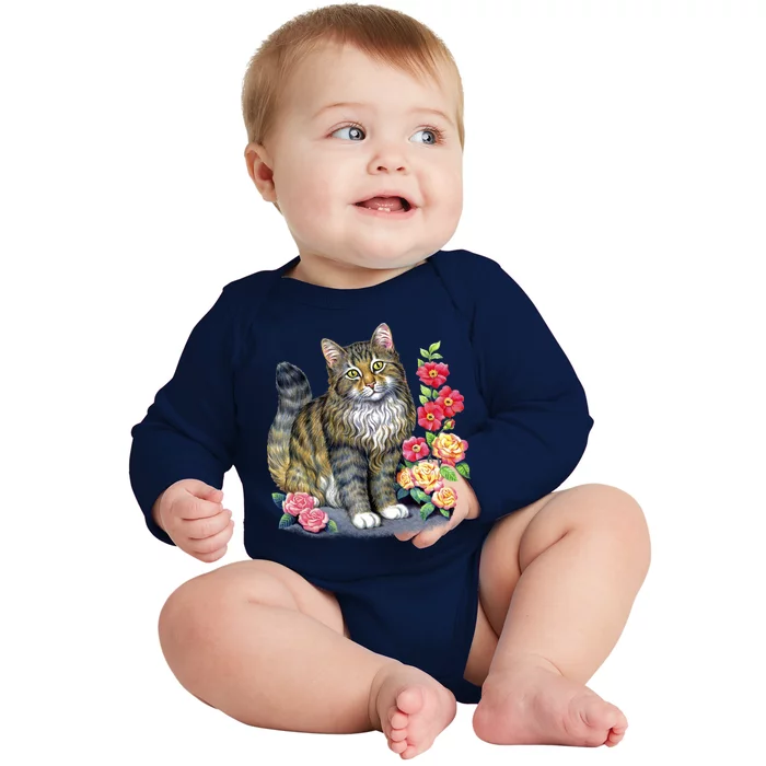 Cat and Roses Baby Long Sleeve Bodysuit