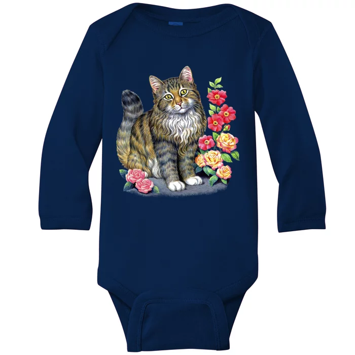 Cat and Roses Baby Long Sleeve Bodysuit