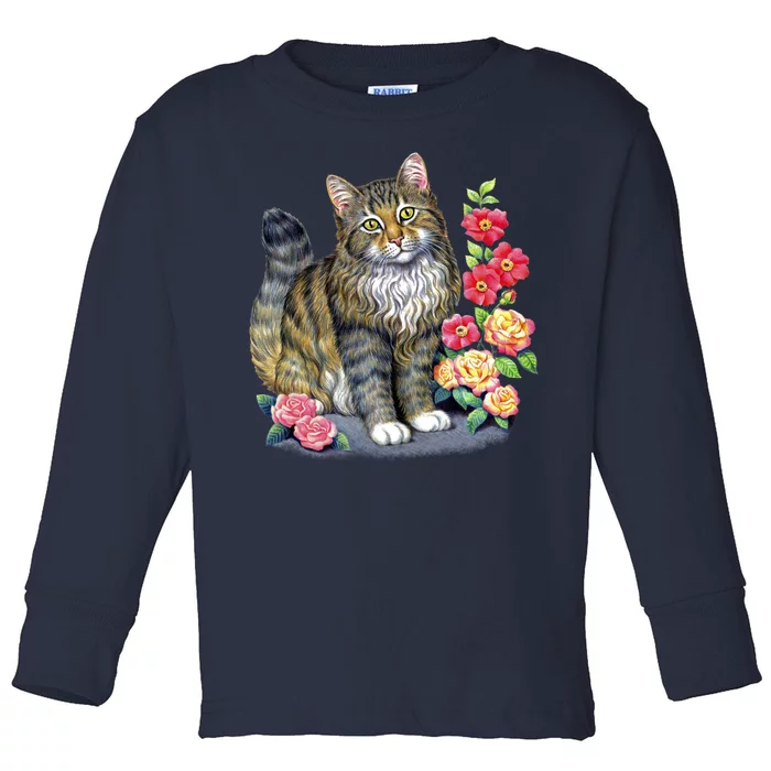 Cat and Roses Toddler Long Sleeve Shirt