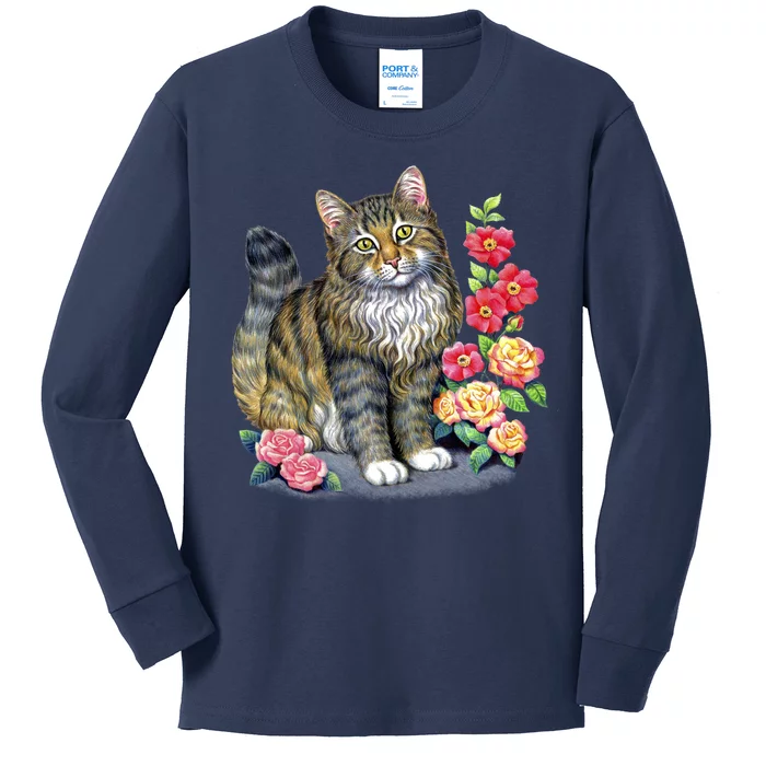 Cat and Roses Kids Long Sleeve Shirt