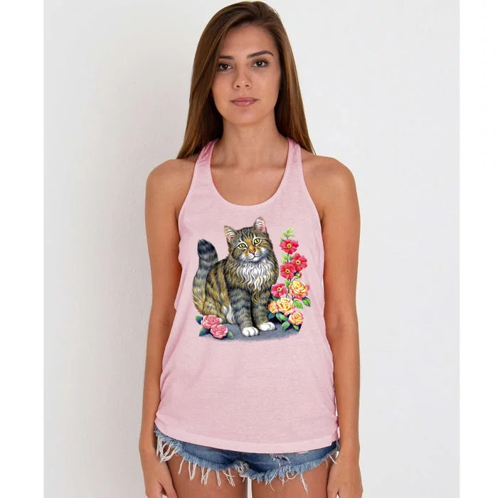 Cat and Roses Women's Knotted Racerback Tank