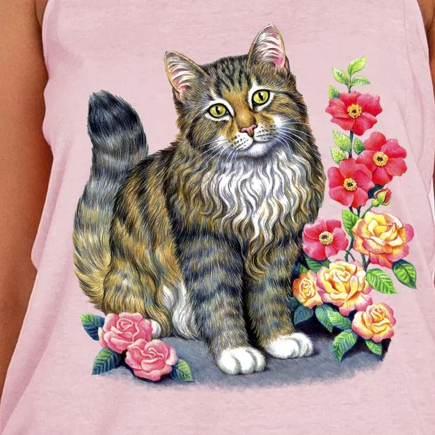 Cat and Roses Women's Knotted Racerback Tank