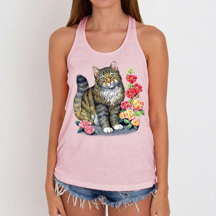 Cat and Roses Women's Knotted Racerback Tank