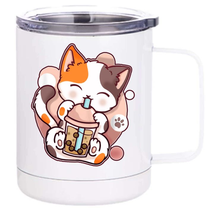 Cat Boba Tea Kawaii Front & Back 12oz Stainless Steel Tumbler Cup