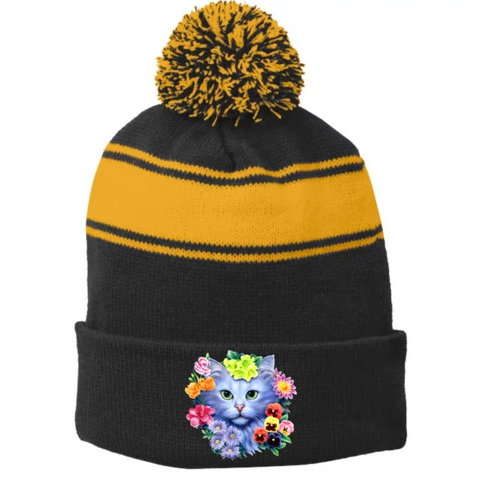 Cat Face With Flowers Stripe Pom Pom Beanie