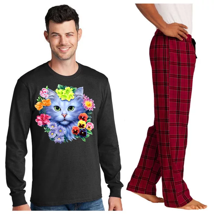 Cat Face With Flowers Long Sleeve Pajama Set