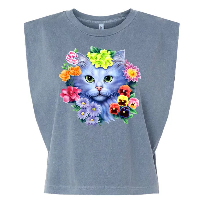 Cat Face With Flowers Garment-Dyed Women's Muscle Tee