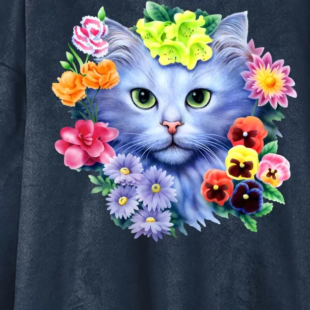 Cat Face With Flowers Hooded Wearable Blanket