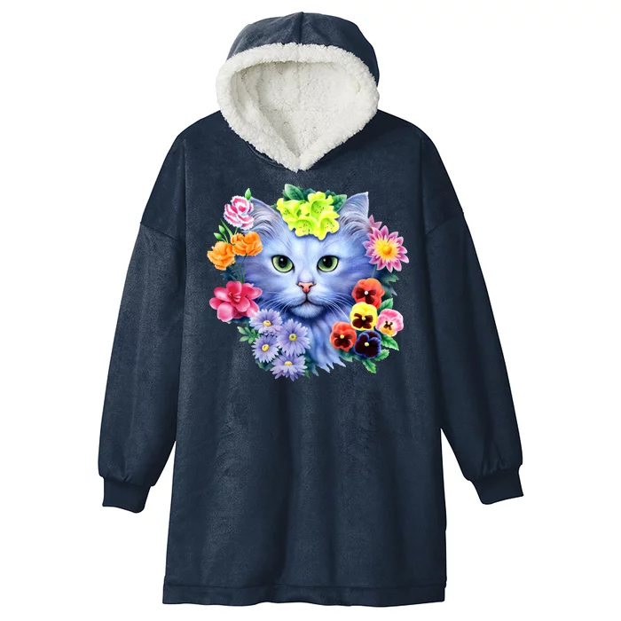 Cat Face With Flowers Hooded Wearable Blanket