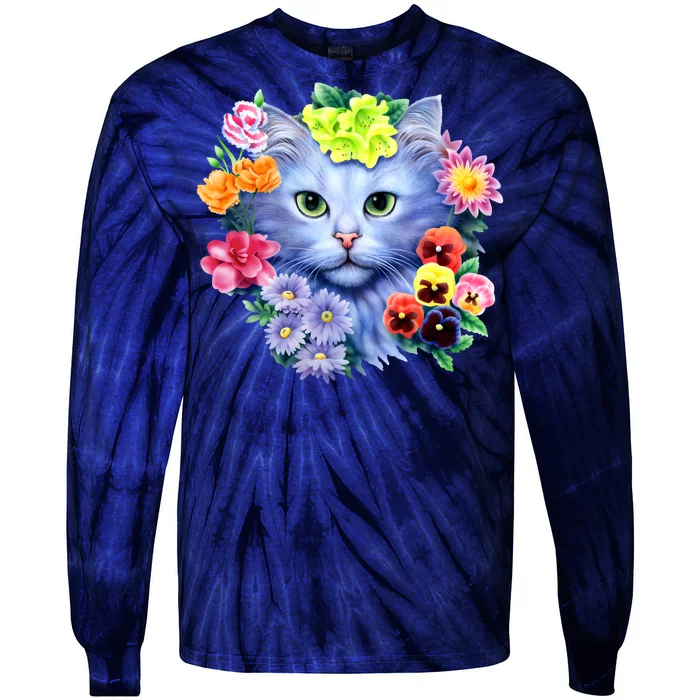 Cat Face With Flowers Tie-Dye Long Sleeve Shirt