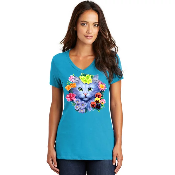 Cat Face With Flowers Women's V-Neck T-Shirt