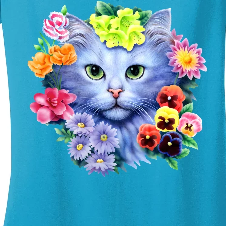 Cat Face With Flowers Women's V-Neck T-Shirt