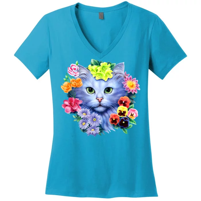 Cat Face With Flowers Women's V-Neck T-Shirt