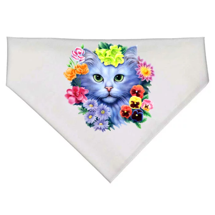 Cat Face With Flowers USA-Made Doggie Bandana