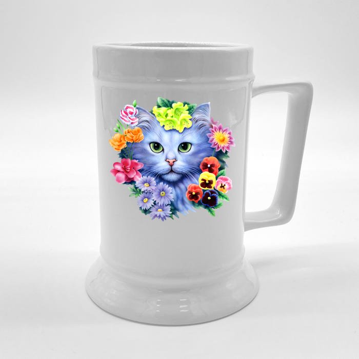 Cat Face With Flowers Front & Back Beer Stein