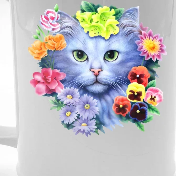 Cat Face With Flowers Front & Back Beer Stein