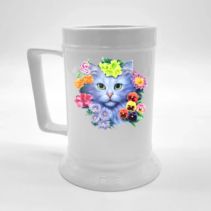 Cat Face With Flowers Front & Back Beer Stein