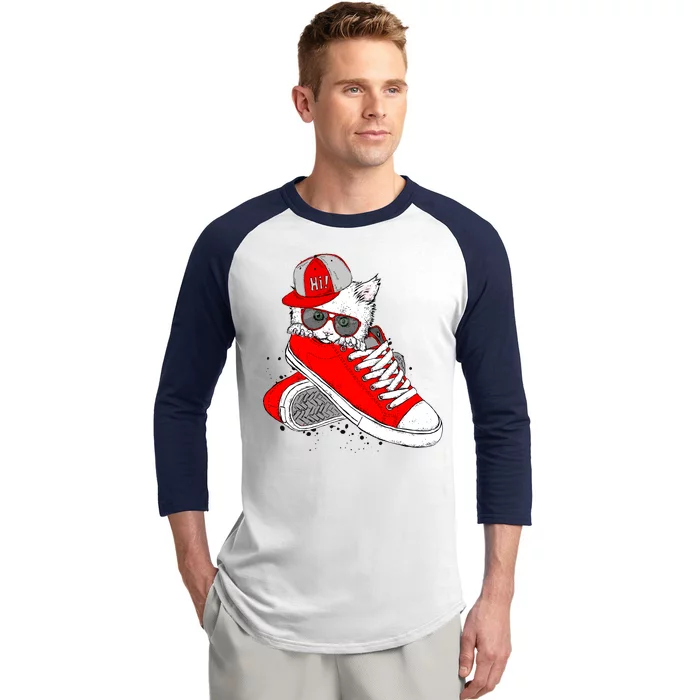 Cat In Red Sneakers Baseball Sleeve Shirt