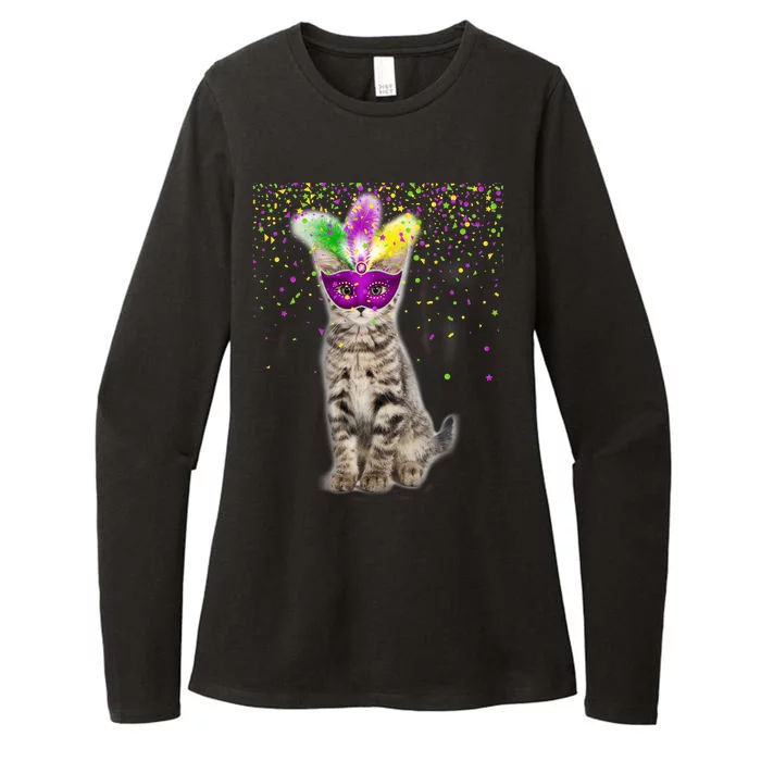 Cat Mardi Gras Mask and Beads Womens CVC Long Sleeve Shirt